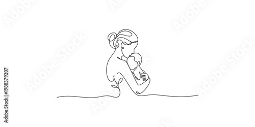Continuous line drawing of a mother holding and kissing her newborn baby