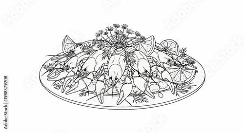 A plate of crawfish with lemon slices and herbs, artistic sketch