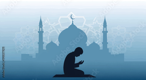 Islamic prayer silhouette vector, Muslim man praying in front of mosque, blue spiritual background with crescent moon and minarets for Ramadan