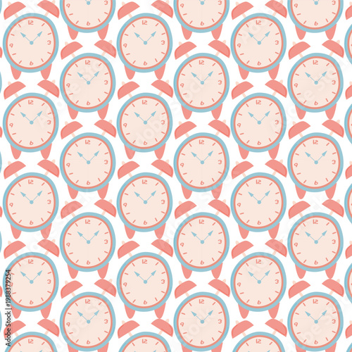 Pattern of vintage alarm clocks with pink and blue accents arranged in a repetitive design on a white background, ideal for textile or wallpaper applications