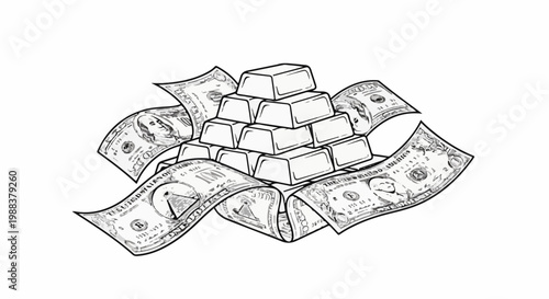 A pyramid of gold bars is surrounded by flowing currency bills