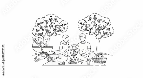 Family picnic under blooming trees, with baby in stroller