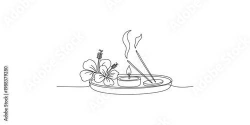 Line drawing of a serene incense burner with a hibiscus flower and lit incense sticks on a simple plate