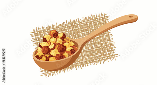 A wooden spoon brimming with scattered, bite-sized snacks on burlap