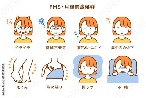 月経前症候群(PMS)症状イラスト8点セット｜ヘルスケア・女性ホルモン