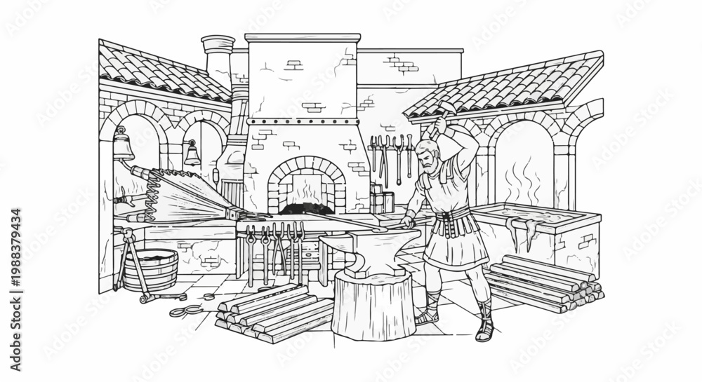 Fototapeta premium Ancient blacksmith working at an anvil with hammer, bellows, and forge
