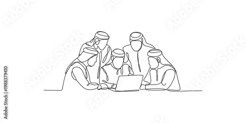 A group of men in traditional arabic clothing gathered around a laptop computer