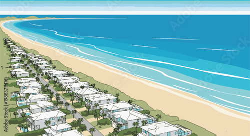 Aerial view of a coastal town with rows of white houses along a sandy beach