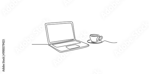 A line drawing of a laptop computer and a cup of coffee on a saucer