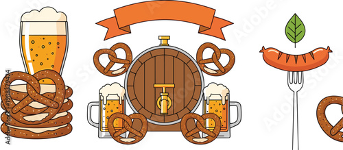 Oktoberfest Festival Beer Icon Set with Pretzels, Sausages, Wooden Barrel, Beer Steins and Bavarian German Party Symbols for Vector Designs