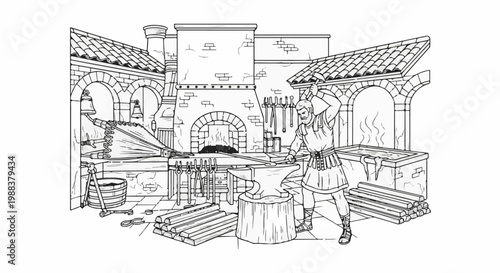 Ancient blacksmith working at an anvil with hammer, bellows, and forge
