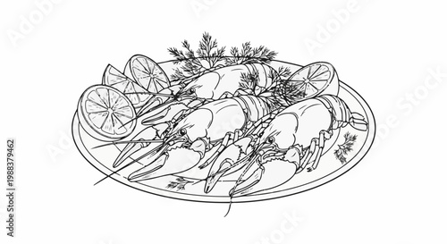 Three cooked crawfish served on a platter with lemon slices and herbs
