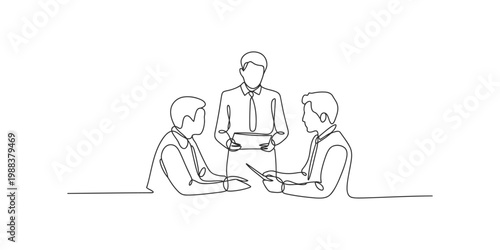 Continuous line drawing of three businessmen in a meeting with documents