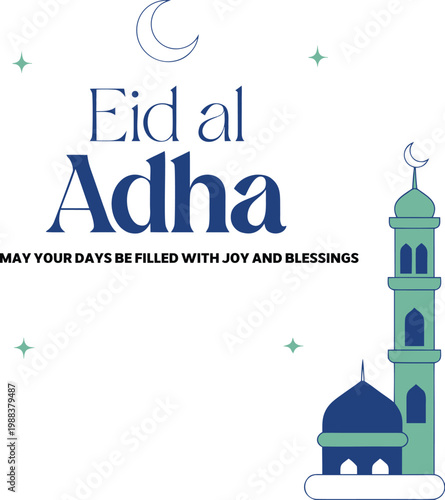 Eid al-Adha Greeting Card with Mosque Minaret and Crescent Moon Illustration