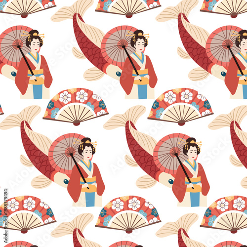 Japanese illustration featuring a woman in traditional kimono holding a red parasol alongside decorative fans and a stylized fish pattern on a white background
