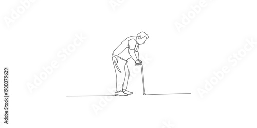 Continuous line drawing of a man leaning on a cane, depicting old age and health issues in a simple minimalist style
