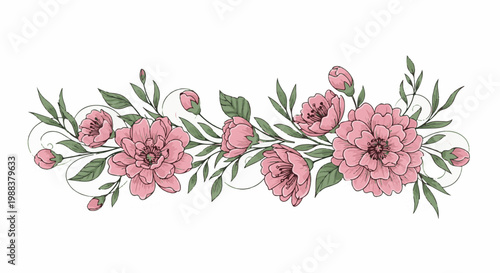 Delicate pink flowers and buds with green leaves form a decorative border element