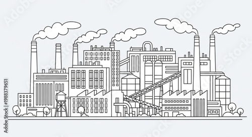 Industrial Factory Landscape with Smoke Stacks and Cranes.