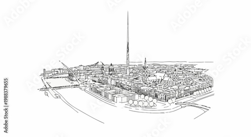 Detailed sketch of a sprawling cityscape with a tall spire dominating the skyline
