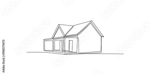 A simple line drawing of a modern house with a gable roof and porch