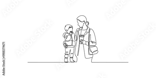 A minimalist line drawing of a woman and a child standing together