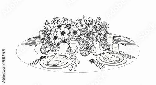 Elegant table setting with a floral centerpiece and citrus fruit