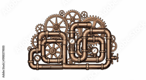 Intricate steampunk pipe system with gears and pressure gauges