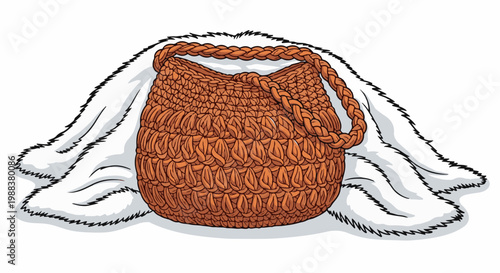 Rustic woven tote bag resting on soft white fur