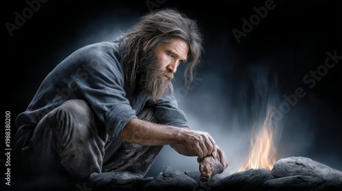 In a tranquil wilderness, a rugged man cooks over a crackling fire, showcasing primal survival skills