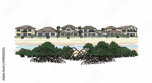 Tropical coastal homes line the beach with lush mangrove trees