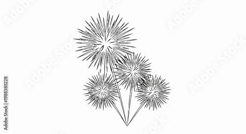 Stylized black and white sketch of four exploding fireworks in a cluster