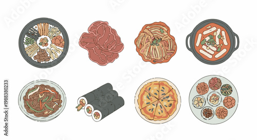 Various Korean dishes, rolls, and pizza presented in a doodle art style