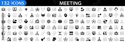 Meeting icon set. Business training and workshop icons. Line and flat icon style. Conference, team, brainstorm, seminar, interview, assembly, agreement, discussion and more. Editable stroke. Vector il