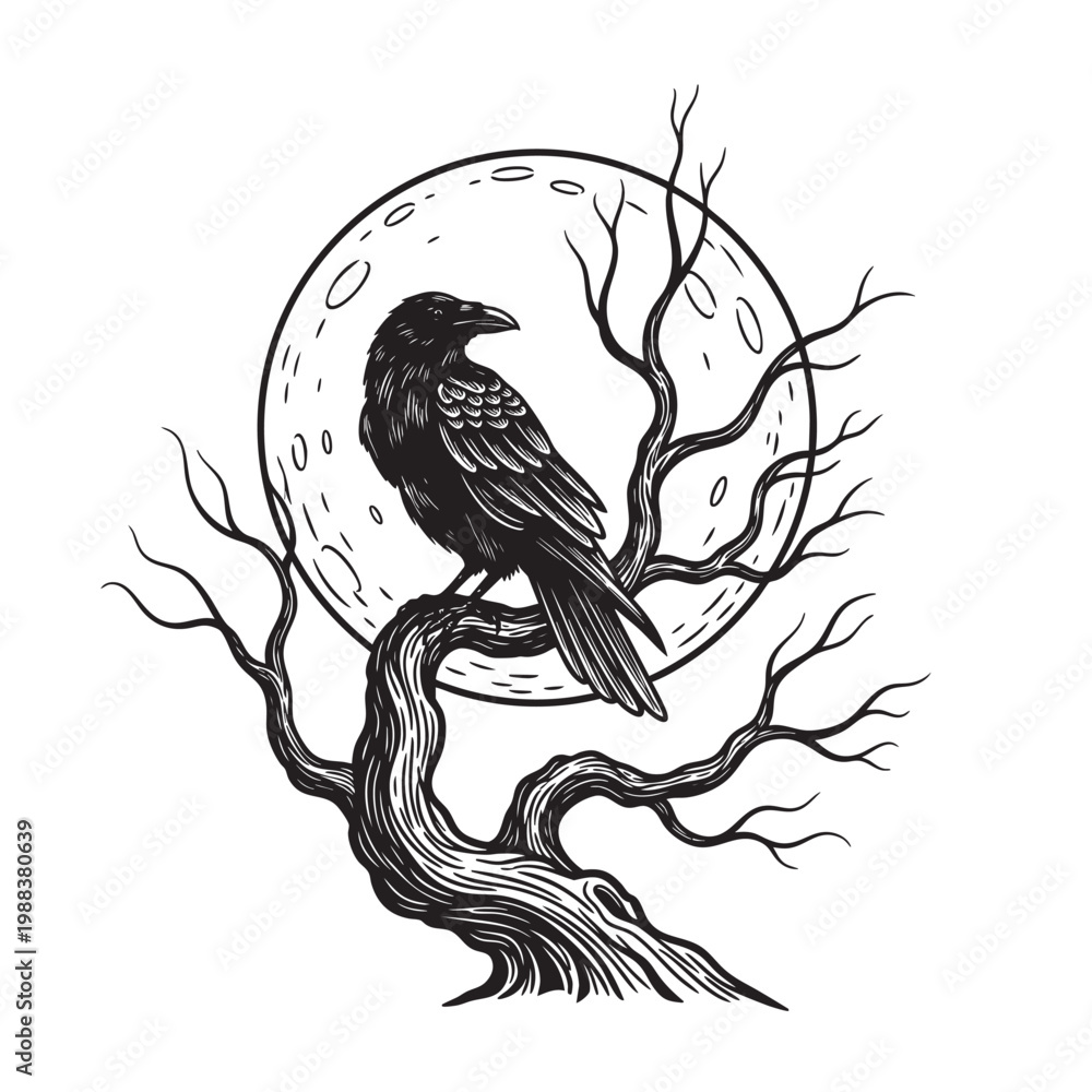 Fototapeta premium Raven Perched on Bare Branches Beneath Full Moon — Gothic Dark Nature Ink Drawing Vector Art