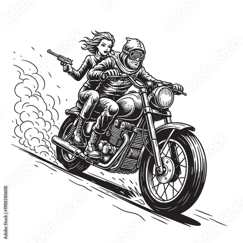Armored Female Warrior Riding a Speeding Motorcycle — Fierce Action Fantasy Ink Drawing Vector Art