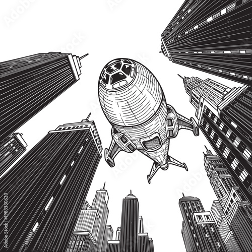Dramatic Low-Angle Cityscape with Giant Orb and Soaring Skyscrapers — Surreal Urban Ink Drawing Vector