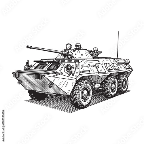 Rugged Military Armored Vehicle with Mounted Turret — Combat Tank Infantry Carrier Ink Vector Art