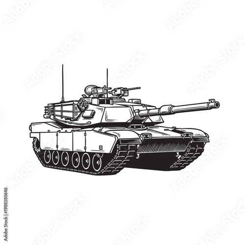 Modern Main Battle Tank Rolling Forward — Heavy Armor Military Combat Ink Drawing Vector Art