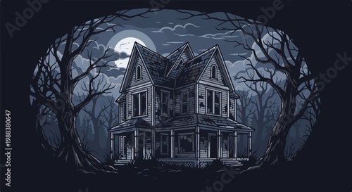 Spooky Victorian house under a full moon in a dark, eerie forest