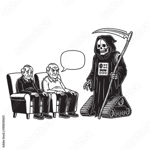 Grim Reaper Chatting with Elderly People in Armchairs — Dark Humour Death Scene Ink Illustration Vector