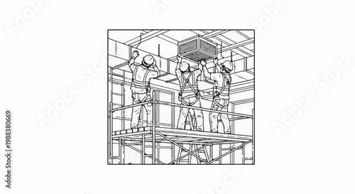 Construction workers on scaffolding install ceiling unit