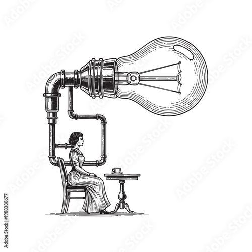 Lone Thinker Seated at Desk Inside an Illuminated Light Bulb — Creative Genius Idea Ink Vector Art