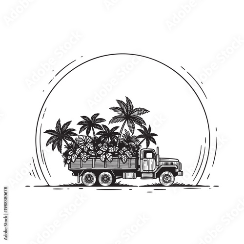 Tropical Island Scene Inside a Glass Orb on a Pickup Truck — Miniature World Surreal Ink Vector