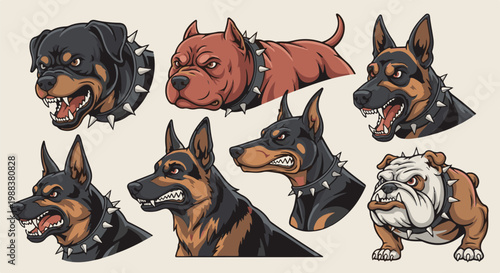 Collection of stylized dog portraits with snarling expressions, wearing spiked collars