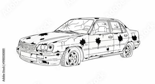 Damaged sedan with flat tire and bullet holes, cracked windshield