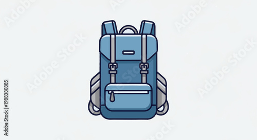 A stylized blue backpack with straps, buckles, and a zippered front pocket