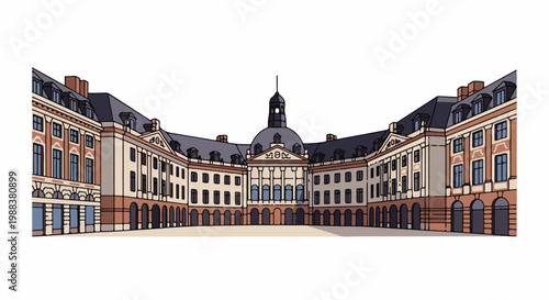 Courtyard of a grand, historic building with arched walkways and a central dome