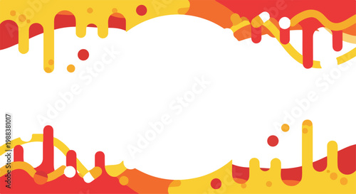 Abstract colorful frame with flowing shapes in red and yellow, transparent center for text or image, modern border design.