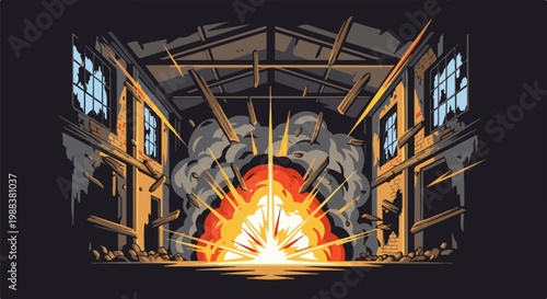 Pixelated explosion engulfs a damaged industrial building with debris flying