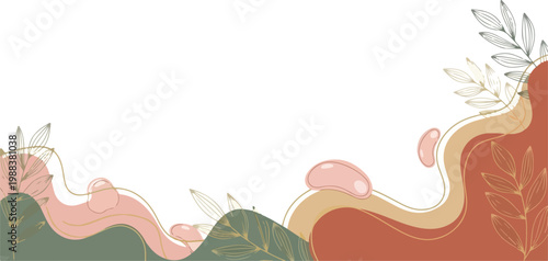 Abstract floral banner with fluid organic shapes and autumn colored leaves on transparent background for creative design.